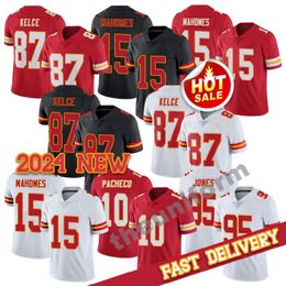 2024 mannen 15 Patrick Mahomes 87 Travis Kelce voetbalshirts 10 Isiah Pacheco 95 Chris Jones voetbaljersey maat S-3XL