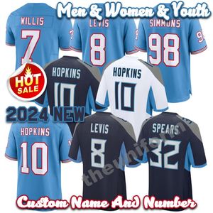 2024 NOUVEAU CUSTURS 7 Malik Willis 10 DeAndre Hopkins Football Jersey 98 Jeffery Simmons 1 Warren Moon Men Womens Youth Taille S-6XL