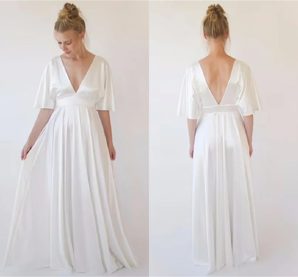 Yaz Boho Fildişi Nedime Elbiseleri Uzun Maxi Derin V Boyun Bir Çizgi Düğün Misafir Giyim Onur Gowns Prom Elbise Hizmetçisi