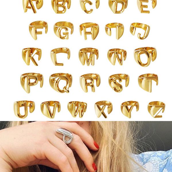 A-Z 26 letras iniciales en inglés anillos abiertos plata oro anillo de banda ajustable letras Retro mujeres declaración de moda