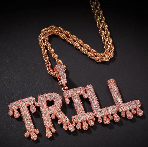 A-Z nom personnalisé goutte à goutte numéro lettres colliers pendentif charme hommes Zircon Hip Hop bijoux avec 3MM or argent Rose or corde chaîne