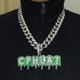 A-Z nom personnalisé vert goutte à goutte lettres d'huile pendentif breloque collier CZ Hip Hop bijoux avec or argent avec chaîne de corde de 3mm 343a