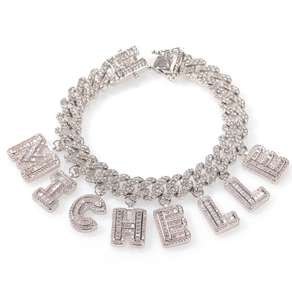 TopBling A-Z Nombre personalizado Letras Colgante Collares Pulseras 12 mm Pulsera de cadena de eslabones cubanos Chapado en oro real