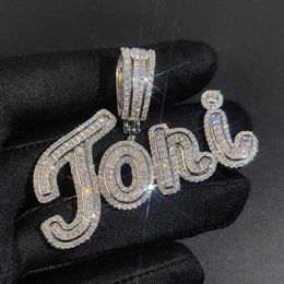 A-Z Letras de firma personalizadas Nombre Colgante Collar Bling T Cubic Zircon Hip Hop 18k Joyería chapada en oro real