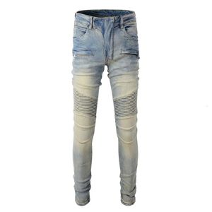 A1051 Patchwork Retro Retro Zipper Multi Pocket Mens Biker Style Washed Cotton Skinny Jeans 240422