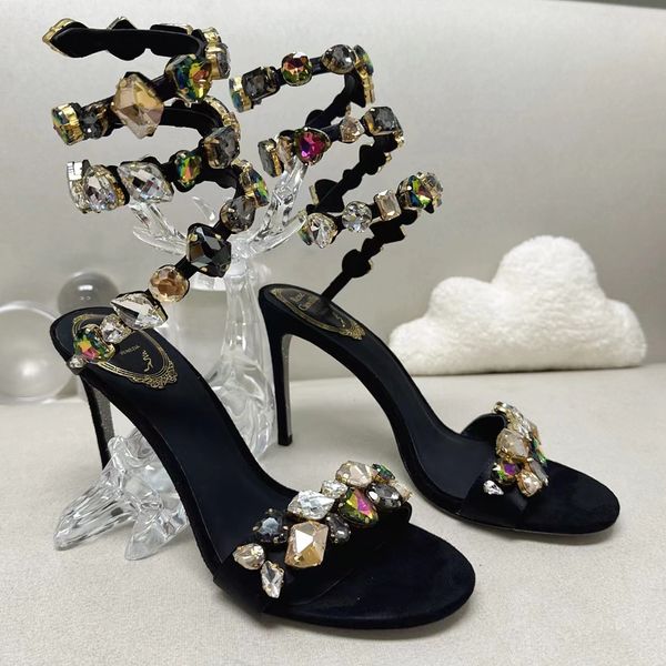 A114 Talon Haut Rene Caovilla Sandales Mode Strass Décoration Designer Chaussures 9.5cm Talons Femmes Satin Serpent Enveloppé Papillon Fleur Ouvert à s