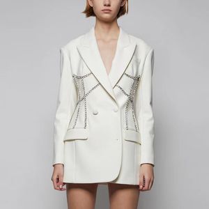 A12-Costumes pour femmes Blazers dames de luxe perlé longue robe Blazer de qualité supérieure femmes col cranté à volants perles vêtements d'extérieur pour femmes