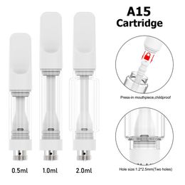 A15 Chariots en céramique Full Bulbe Pyrex Cartouche en verre gras 0,5 ml 1,0 ml 2,0 ml Huile de vape 510 Atomizer sans mèche 10,5 mm de diamètre 510 Batteries Alimentation compatible