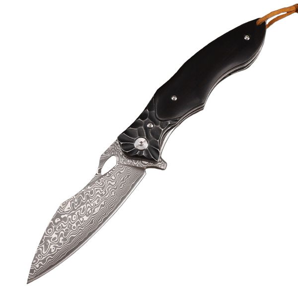 A2281 Cuchillo Flipper de gama alta VG10 Hoja de acero de Damasco Ébano con mango de hoja de acero inoxidable Rodamiento de bolas Navajas de bolsillo de apertura rápida con funda de cuero