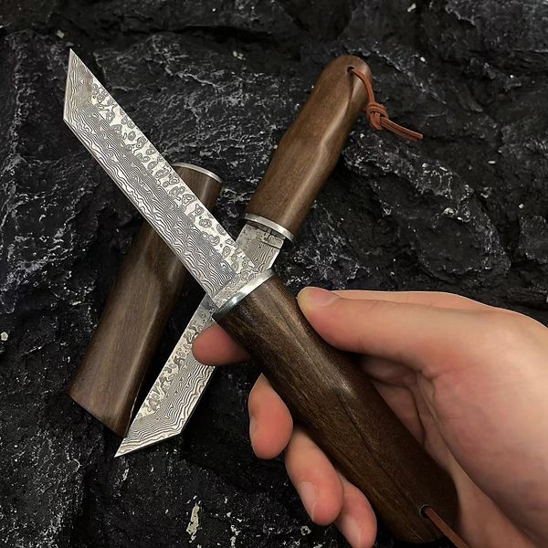 A2283 Couteau droit de survie Damas Acier Tanto Point Lame Ébène avec tête en acier Poignée Couteaux à lame fixe extérieure avec gaine en bois