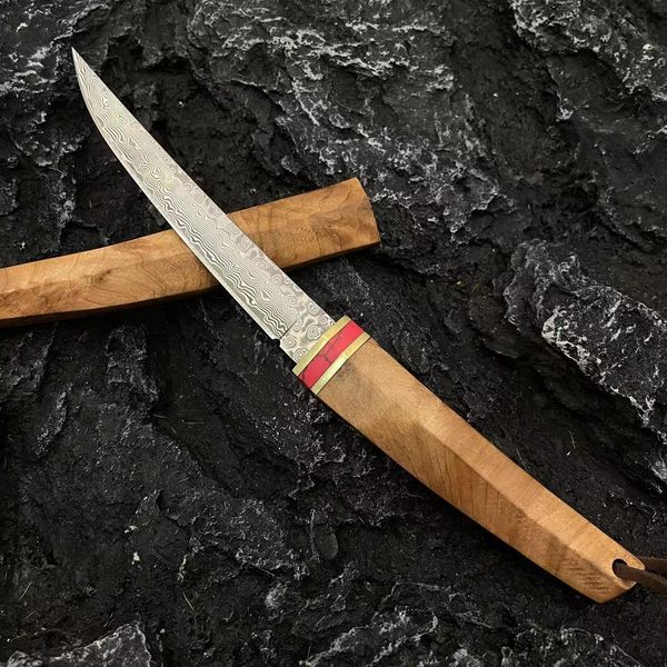 A2286 Couteau droit VG10 Damas Acier Sharp Point Blade Shadow Manche en bois Couteaux tactiques à lame fixe extérieure avec gaine en bois