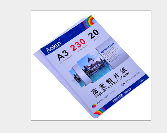 A3 (420 * 297 mm) 230 g 20 Hojas Papel fotográfico de alto brillo Papel impermeable Papel fotográfico Inyección de tinta, Para una variedad de impresoras de inyección