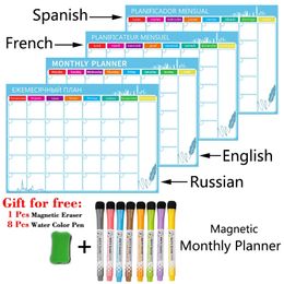 Planificador semanal mensual magnético tamaño A3, calendario multilingüe, pizarra blanca, pegatina para nevera, ruso, inglés, español, francés, 240105
