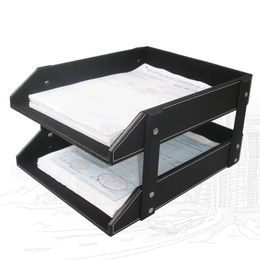 A4 Document File Organizer Tray Double Layers Desk PU Leather Paper Holder Magazine Rack Storage Holder for Home School