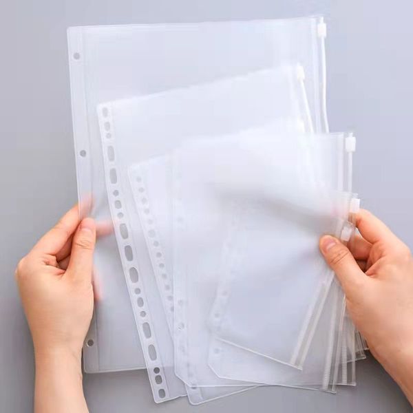 Carpeta perforada transparente de PVC A5 A6 A7, bolsas de embalaje para cuaderno, 6 agujeros con cremallera, bolsa de inserción de hojas sueltas, carpetas de almacenamiento