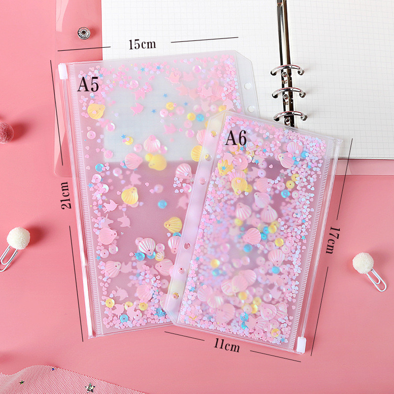 A5 / A6 PVC 투명 바인더 파일 6 홀 핑크 일본식 쉘 화려한 장식 저장소 가방 귀여운 휴대용 학생 편지지 보충제