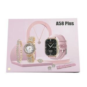 A58 Plus Dames Luxe Gouden Horloge Unieke Cadeauset Dames Gouden Ketting Ring Dubbele Band Dames Smart Horloge A58 PLUS A58