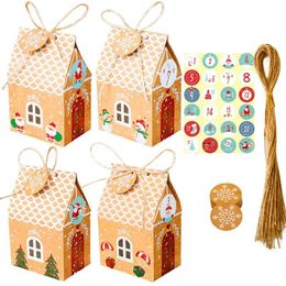 A5KB 24 Sets Christmas House Geschenkdoos Kraftpapier Cookies Candy Bag Sneeuwvlok Tags 1-24 Advent Kalender Stickers Hennep Touw Party 211019