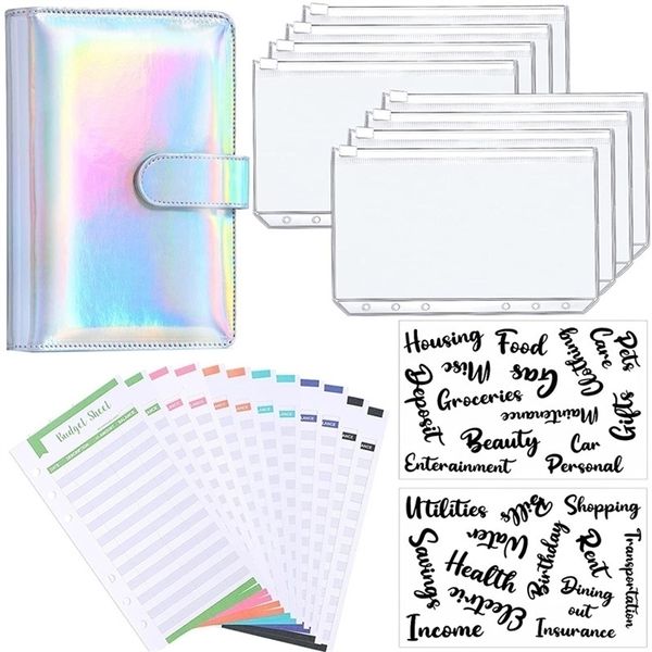 A6 Glitter PU Leather Binder Budget Envelope Planner Organizer System avec poches zippées transparentes Feuilles de budget de dépenses 220707