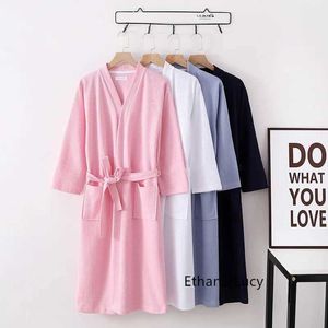 A6Q4 Women's Sleep Lounge 100% coton Robes de gaufre pour les femmes minces d'été (neuf manches + manches courtes) Bathrobe de la nuit du service à domicile Bathrobe D240419