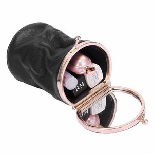 A8296 Real Top Layer Huile cire de vache en cuir de vache Fi Fi Barrel Cosmetic Maling up Articles Mini Mirror Cover Repsticks Sac Z4KV #