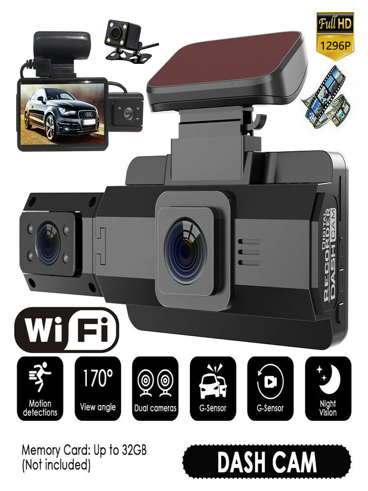 A88 WiFi 3 inç IPS Dash Cam 1080p Araba DVR Çift Lens Dash Kamera İç veya arka kamera gece görüşü ile geniş açılı video kaydedici ön