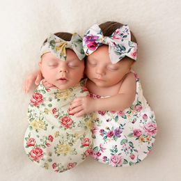 A890 Baby Baby Swaddle Wrap Deken Florals Wraps Dekens Nursery Bedding Babies Wrapped Doek met Bowknot Hoofdband Photo Props