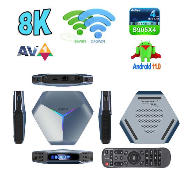 A95X F4 Android 11.0 TV Box Amlogic S905X4 RGB Light TV Box 4 Go de RAM 32 Go 64 Go 128 Go ROM 2.4G 5G Wifi LAN Bluetooth 8K Lecteur multimédia vidéo Décodeur