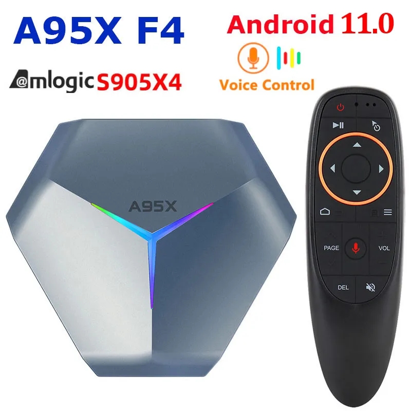 ТВ-приставка A95X F4 Android 11.0 с голосовым управлением G10 Amlogic S905X4 8K RGB Light Smart TV Box 4 ГБ 64 ГБ 32 ГБ 128 ГБ Медиа-сервер eMCP Plex 2,4G 5G Dual WIFI Bluetooth 2G 16G