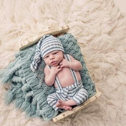A987 pasgeboren baby baby set streep overalls rompertjes met lange staart knoop hoed kleding sets fotografie kleding rekwisieten