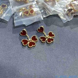 Boucles d'oreilles de concepteur Vanclef de qualité AAA V Version à haute version Haute Agate rouge Small Red Heart Lucky Grass Oreads