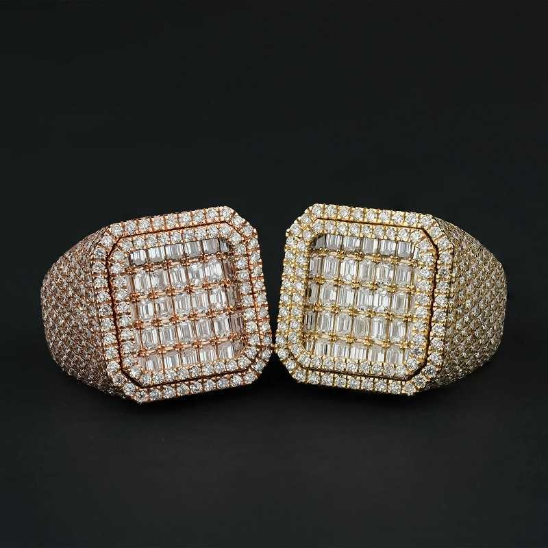 AAA GEMS Men 10k Jaune Gold Vs Square Emerald Ring VVS D Color Lab Made Moissanite Diamond Hip Hop Ring