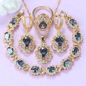 AAA + Mystic Rainbow Cubic Zirconia Flower Jewelry Sets Gold Colors Mujeres Boda Traje de novia para mujeres H1022