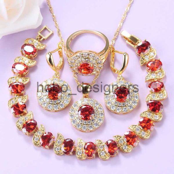 AAA + Calidad Conjuntos de joyas de color dorado para mujeres Collar y pulsera Conjuntos de anillos de boda de granate rojo Traje nupcial de 8 colores x0817