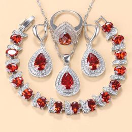 AAA + Rood Garnet Indian Bridal Sieraden Sets Water Drop Shape Oorbellen Ketting Hanger Armband Ring voor vrouwen Trouwkostuum H1022