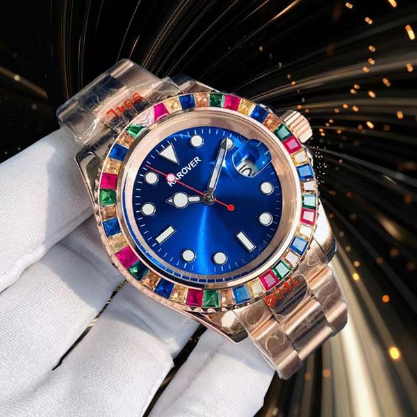 AAA Watch Mens Automatic Watch New Rainbow Diamond Watch 40mm Blue Calan Sapphire étanche Luminal Rose Gold en acier inoxydable Watch Fashionable Sporty