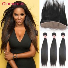 Glamorous Straight Virgin Hair with Lace Frontal Cheap Brazilian Hair 4Pcs/Lot Peruvian Indian Malaysian Human Hair Weave with Lace Frontals