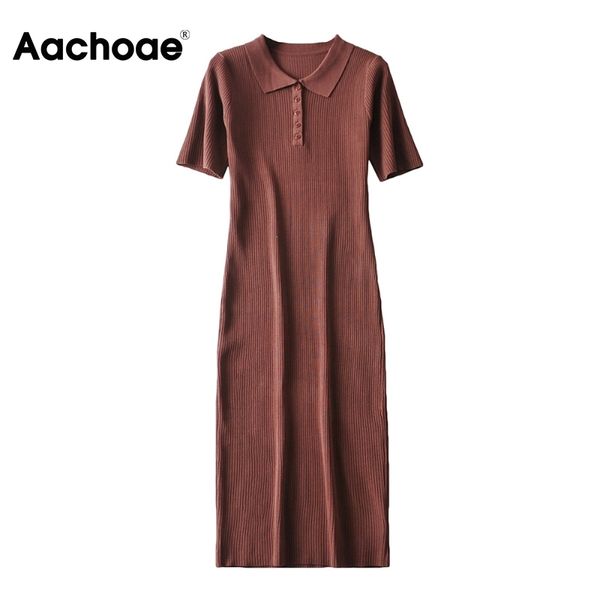 Aachaoe mujeres sólido causal de punto Midi verano manga corta elegante vestido recto Turn Down Collar Chic vestidos 210413