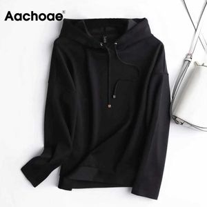 Aachoae 2021 Losse Zwart Kleur Hoodies Dames Casual Hooded Sweatshirt Tops Dames Batwing Lange Mouwen Mode Pullovers Y0820