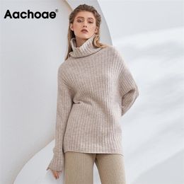 Aachoae Otoño Invierno Mujer Sólido Cuello alto Suéteres Top Batwing Manga larga Suéteres cálidos Mujer Rayas Casual Suelto Jumper 211103