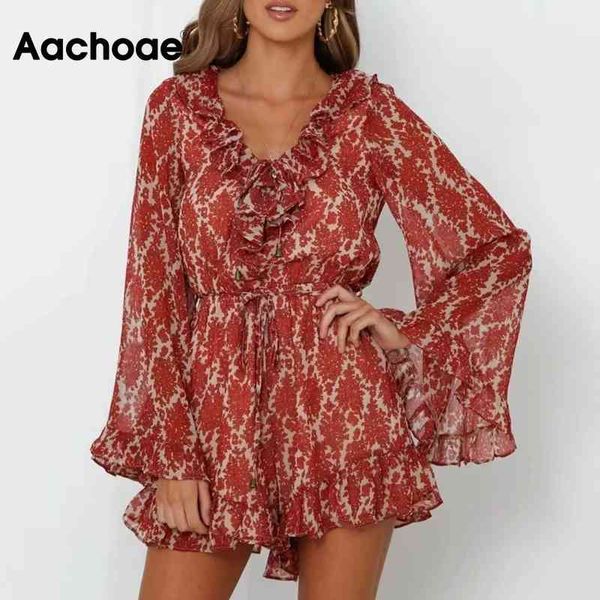 Aachoae Boho imprimé floral combishort femmes été Flare manches longues à volants parti body Chic col en V en mousseline de soie plage combinaison 210413