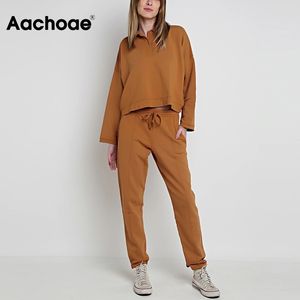 Aachoae Casual Sólido Conjunto de 2 piezas Mujeres Turn Down Collar Batwing Manga Tops sueltos Plisado Longitud completa Pantalones Lápiz Lady Sets 210413