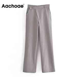 Aachoae Chic gris jambe large pantalon femmes taille haute décontracté pantalons longs 2021 bureau fermeture éclair mouche couleur unie pantalon femme Q0801