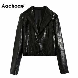 Aachoae Chic Snake Print jas vrouwen zwart kleur PU lederen jas lange mouw stijlvolle dame korte tops lente herfst abrigo mujer 210413