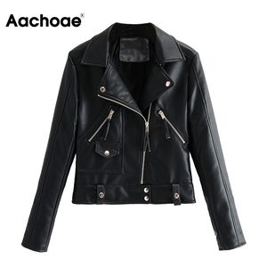 Aachoae Chic Solid Pu Lederjacke Frauen Langarm Streetwear Kurze Tops Dame Revers Hals Stilvolle Büro Tragen Mantel Oberbekleidung 210413