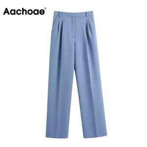 Aachoae élégant bleu couleur pantalons longs femmes plissé tenue de bureau dame pantalon fermeture éclair braguette Vintage droite pantalons 210915