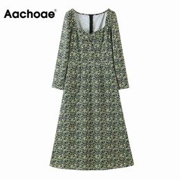Aachoae élégante robe longue florale automne printemps manches longues une ligne robe col carré vintage robe de soirée robes largos 210413