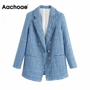 Aachoae Fashion Office Wear Blue Tweed Blazer Vrouwen Elegante Double Breasted Jacket Jas Casual Lange Mouwen Zakken uitloper 201114