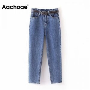 Aachoae Mode Femmes Maman Jeans Avec Ceinture Cowboy Long Pantalon Boyfriend Stretch Jeans Casual Femme Lavé Denim Harem Pantalon 201029