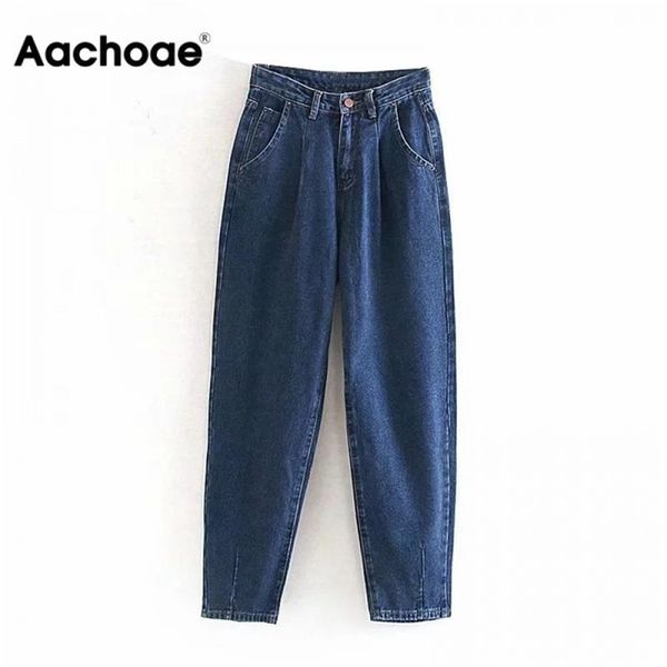 Aachoae Jeans Femmes Lâche Casual Sarouel Petits Amis Maman Streetwear Denim Plissé Pantalon Slouchy 210922